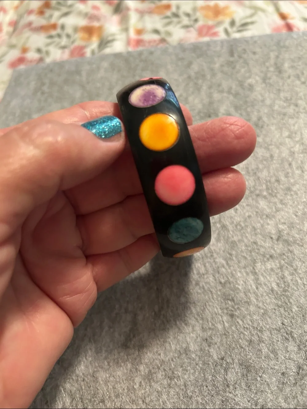 Vintage Black Bangle Bracelet with Multicolor Polka Dots